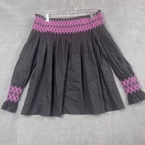 Maje Black Pink Smocked Off The Shoulder Cotton Blouse Top Size 2